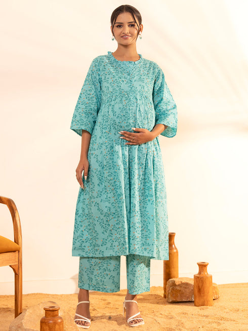 Sea Green Cotton Floral Printed Kurta with Palazzo